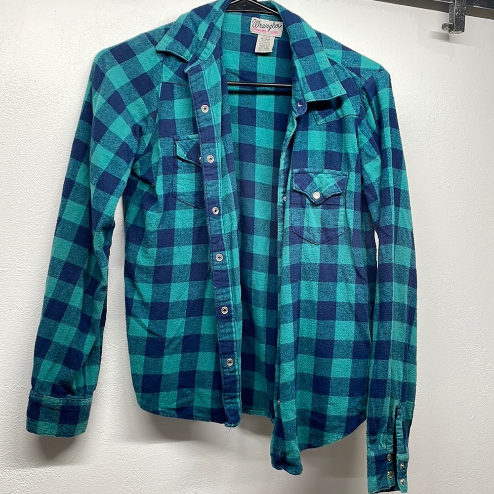 Wrangler checkered, flannel, medium, blue, and teal